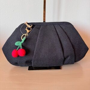 Aqua Linen Cotton Clutch Black Cherry Charm Chain Strap Exclusive NWT
